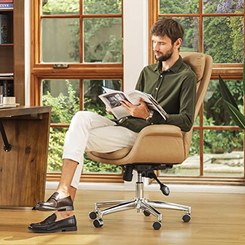 Glitzhome Modern Executive Office Chair, High Back PU Leather Ergonomic Computer Desk Chair, Adjustable Height Swivel Office Task Chair with Lumbar Back Support (Camel) Glitzhome