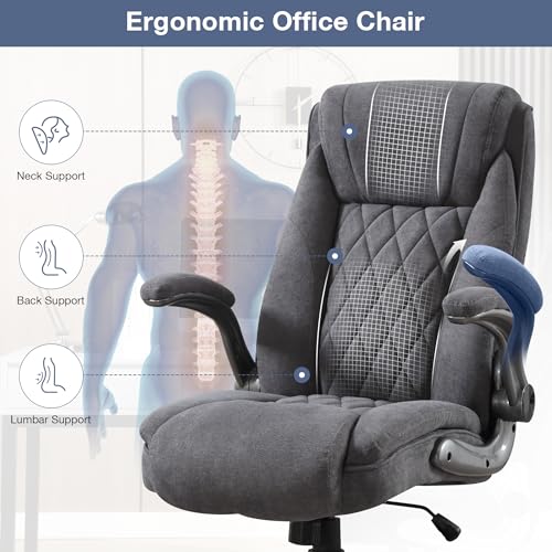 Big and Tall Fabric Office Chair 400lbs High Back Executive Computer Desk Chair with Flip Up Armrest, Breathable Fabric Adjustable Height Ergonomic Home Office Heavy Duty KWKSV