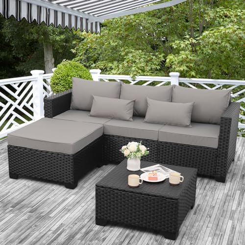 Rattaner 3 Pieces Patio Furniture Set Outdoor Sectional Wicker Patio Furniture Patio Couch with Ottoman and Outdoor Storage Table All-Weather Anti-Slip Cushions Waterproof Covers, Light Grey Rattaner