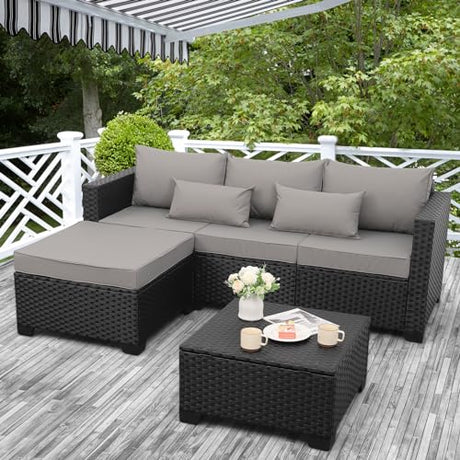 Rattaner 3 Pieces Patio Furniture Set Outdoor Sectional Wicker Patio Furniture Patio Couch with Ottoman and Outdoor Storage Table All-Weather Anti-Slip Cushions Waterproof Covers, Light Grey Rattaner
