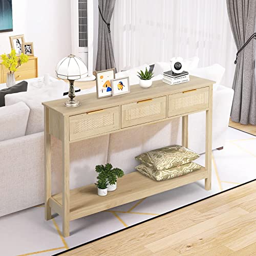 LAZZO Rattan Console Table Boho Entryway Table Narrow Long Sofa Table Hallway Foyer Table Behind Couch Table with 3 Drawers and Open Storage Shelf for Living Room and Corridor Natural Wood LAZZO
