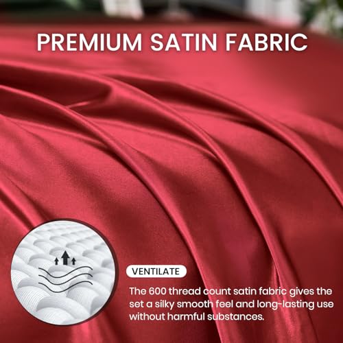 Revdomfly 4 Pcs Queen Size Luxury Silky Soft Wine Red Satin Sheet Set,1 Premium Moisture Wicking Fitted Sheet Fits Up to 16 Inches Deep Pocket + 1 Flat Sheet + 2 Pillowcases（Wine Red, Queen） Revdomfly