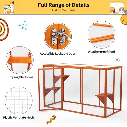 Nyeekoy Catio Outdoor Cat Enclosure, 71" Large Catios for Cats Patio, Outside Cat Enclosures, Cattio with Waterproof Roof, Clearance Cat Cage for Multiple Cats, Orange Nyeekoy