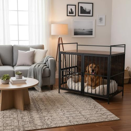 41 Inch Dog Crate Furniture for Large Dogs, Wooden Indoor Dog Cage with Double Doors, Built-in 360° Swivel Bowls, Comfortable Flat Floor, Rustic Style End Table Kennel Zoolati