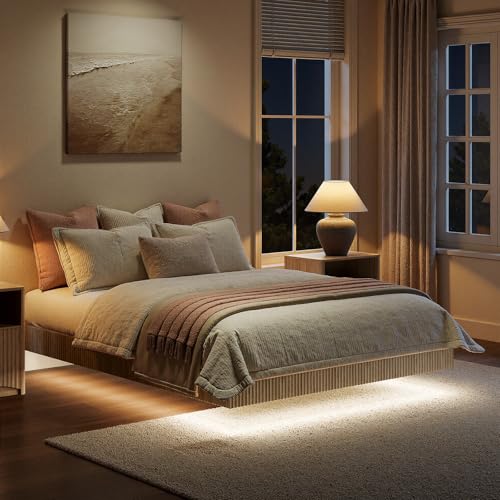 Evermagin Oak Queen Floating Bed Frame with led Lights, Bohemia Fluted 10 Inch High Floating Platform Bed No Headboard, Heavy Duty Metal Float Bedframe, No Box Spring Needed Evermagin