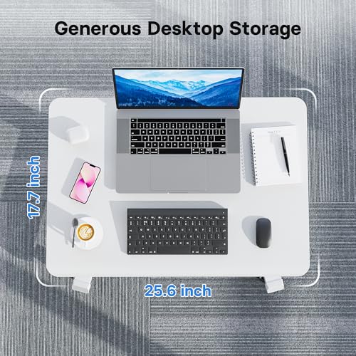BONTEC Mobile Standing Desk Adjustable Height, Rolling Laptop Cart with Hook, Portable Workstation with Pneumatic Lift, Ergonomic Table with Wheels, Compact Home Office Desk, White 25.6" x 17.7" BONTEC