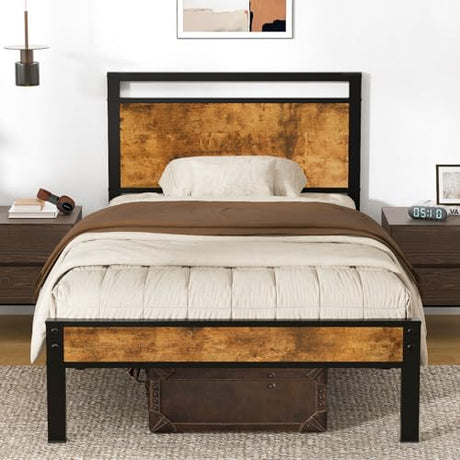 Z-hom Upgraded Twin Bed Frames, Heavy Duty Metal Sturdy Bed Frame Twin Size with Modern Wood Headboard & Footboard, Stable Platform Bed Furniture Bed Storage, No Noise, No Box Springs, Vintage Brown Z-hom