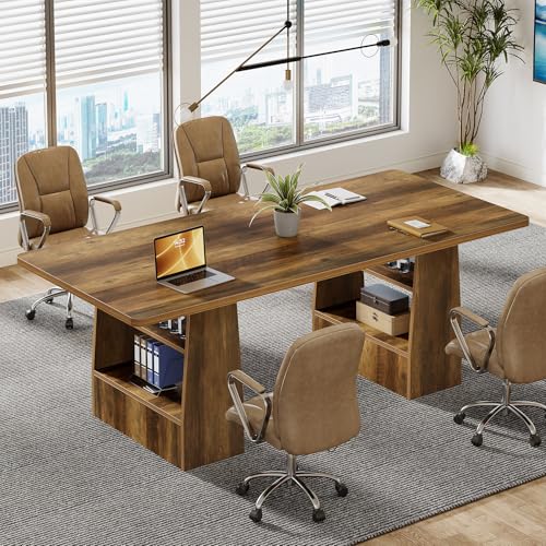 Tribesigns 63 inch Conference Table with 4 Shelves, Rectangular Meeting Table for Office, Large Sturdy Business Desk, Seminar Tables for 6-8 People (1, Brown) Tribesigns