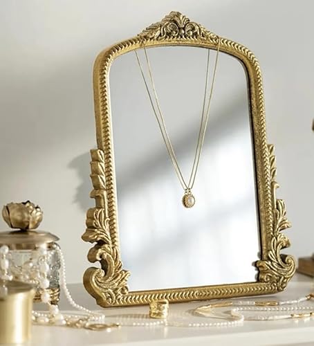 Vintage Makeup Mirror, Vanity Desk Mirror Antique Traditional Tabletop Mirror, Standing, Hang or Wall Mounted, Adjustable Dress-up Mirror, Gold Decor Mirror for Living Room,Bedroom (gold, 12*9.8 in) Willannals