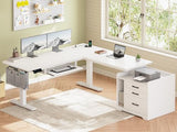 SEDETA L Shaped Electric Standing Desk with File Cabinet, 63 x 53'' Height Adjustable Home Office Computer Desk with Drawers, Power Outlet, Stand up Gaming Table with Led Lights, Keyboard Tray, White SEDETA