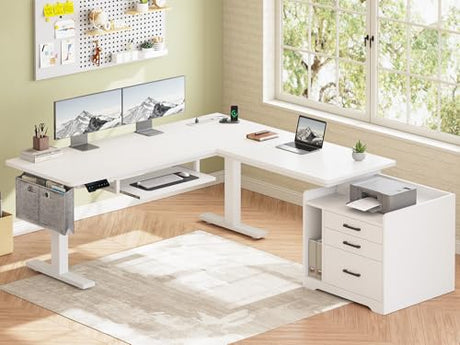 SEDETA L Shaped Electric Standing Desk with File Cabinet, 63 x 53'' Height Adjustable Home Office Computer Desk with Drawers, Power Outlet, Stand up Gaming Table with Led Lights, Keyboard Tray, White SEDETA