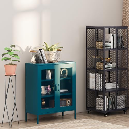 Chshin Blue Metal Cabinet,Metal Storage Cabinet,Metal Locker Storage Cabinet with 2 Mesh Doors and Adjustable Shelves,Metal Sideboard,Mesh Storage Cabinet for Home,Office,Kitchen.(40" H) Chshin