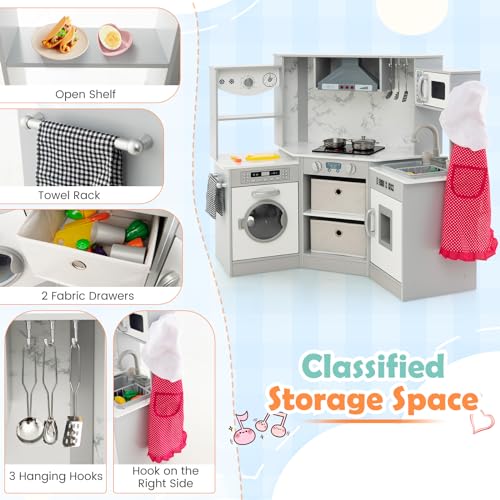 HONEY JOY Corner Kids Kitchen Playset, Wooden Play Kitchen for Toddlers, Range Hood, Water Circulation, Water Dispenser, Storage Box, Little Chef Pretend Toy Kitchen Set w/Lights & Sounds, Gray HONEY JOY