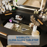 Garvee Corner Makeup Vanity Desk, Modern Vanity Desk with HD Triple Mirror, Corner Vanitys with Clear Glass Top, Fluted Makeup VanityDesk Garvee