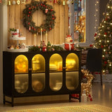 Aheaplus Sideboard Buffet Cabinet with Power Outlet, Kitchen Sideboard Storage Cabinet with LED Light, 4 Doors, Modern Accent Cabinet Coffee Bar Cabinet Console Table for Kitchen Dining Room, Black Aheaplus