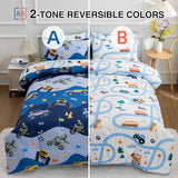 A Nice Night 5Pcs Bed in A Bag Cartoon Cartoon Car Kids Comforter Set Construction Bedding Set, Race Car Motorcycle Truck Pickup Printed, Twin,Dark Blue A Nice Night