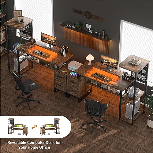 Computer Desk with 2 Fabric Drawers - Reversible Home Office Desk with Power Outlet & LED Lights, 53" Writing Desk with Monitor Stand & Storage Shelves, Gaming Desk with Pegboard, Rustic Brown