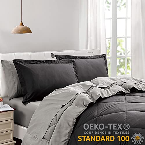Furnishh 5 Pieces Comforter Set Twin Bed in a Bag, Reversible Bed Set with Comforter, Flat Sheet, Fitted Sheet, Pillowcase & Sham, Black and Grey Twin Size Bedding Sets for Boys, Girls Furnishh