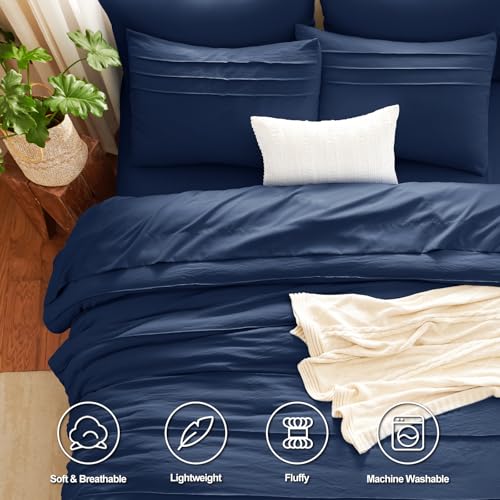 CozyLux Full Size Comforter Sets Navy Blue, 7 Pieces Soft Pinch Pleat Bed in a Bag Full Comforter Set with Sheets, Boho Bed Set with Down Alternative Comforter, Sheets, Pillowcases & Shams CozyLux