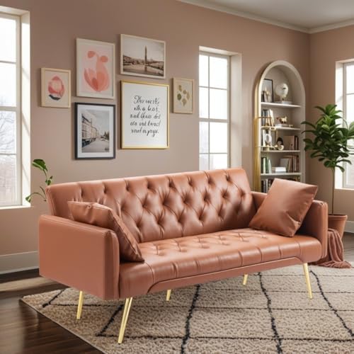 Trygoal Futon Sofa Bed, Convertible Futon Couch with Adjustable Backrest, 68.31” Folding Sofa Bed with 2 Pillows & Metal Legs, Sleeper Loveseat with Armrest for Home Office, Brown Trygoal