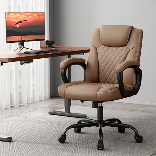 Misolant Office Chair, Executive Desk Chair, PU Leather Comfortable Ergonomic Chairs with Fixed Armrest, Adjustable Height, Rocking Function, 360° Swivel Wheels, Brown Misolant