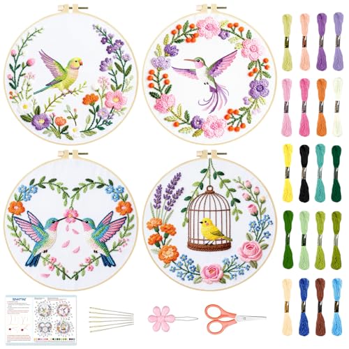 BEUNITONE 4 Set Embroidery Kit for Beginners, Wreath and Bird Cross Stitch Kits, Needlepoint Kits for Adults with Instructions and Full Kit, Elegant Hand Embroidery Patterns for Cloth and Home Decor