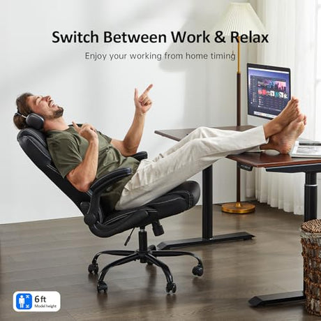 amseatec Office Chair, Executive PU Leather Chair Home Office Desk Chairs, Ergonomic Computer Desk Chair with Adjustable Flip-Up Arms, Lumbar Support Swivel Task Chair with Rocking Function (Black) amseatec