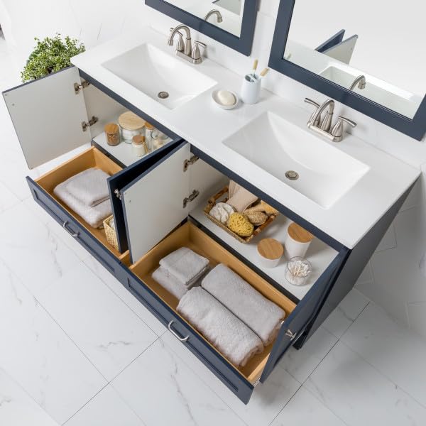 Spring Mill Cabinets Emlyn 60 Inch Double-Sink Bathroom Vanity with White Top, 2 Cabinets, 2 Drawers, 60.5" W x 18.75" D x 32.89", Deep Blue Spring Mill Cabinets