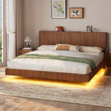 Evermagin Walnut King Floating Bed Frame with Headboard, Mid Century Modern Fluted Platform Bed with LED Lights, Heavy Duty Floating Bedframe with Charging Station, No Box Spring Needed Evermagin