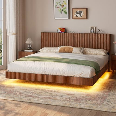 Evermagin Walnut King Floating Bed Frame with Headboard, Mid Century Modern Fluted Platform Bed with LED Lights, Heavy Duty Floating Bedframe with Charging Station, No Box Spring Needed Evermagin