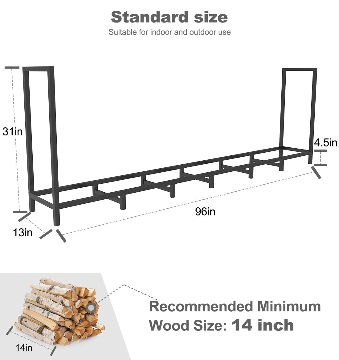 BALIE SPACE 8ft Outdoor Firewood Rack Holder with 14 Support Legs for Indoor Fire Wood Pile Storage, Adjustable Heavy Duty Fire Log Stacker Stand Organizer for Fireplace, Black BALIE SPACE