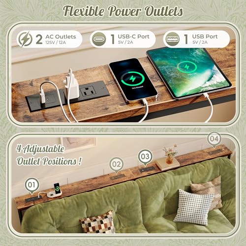 Huuger 102.4 Inch Sofa Table with Power Outlets, 23.9’’-34.4’’ Height Adjustable Range, Behind Couch Table with USB-C Ports, Sofa Tables Narrow Long, Skinny Console Table, Small Spaces, Rustic Brown Huuger