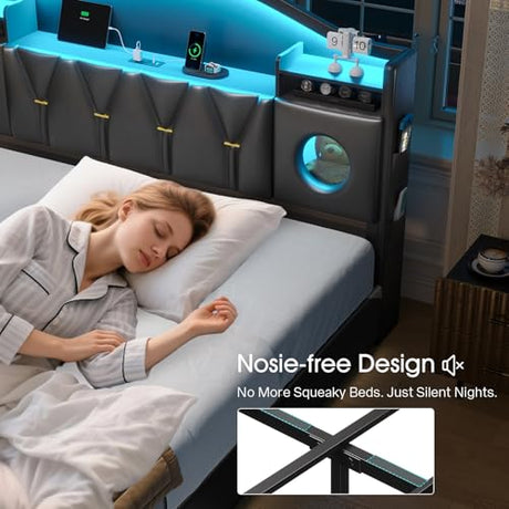 California King Bed Frames, Cal King Bed Frame with Storage Headboard & 6 Drawers, Platform Bed with with LED Lights & Charging Station, Noise-Free, No Box Spring Needed, Easy Assembly, PU Black Tagafi