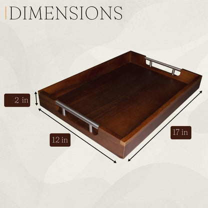 Swyftee Serving Tray with Handles – 17 x 12 x 2 Inch Dark Brown Acacia Wood Ottoman Tray Table Trays Decorative – Coffee Tray Wood Decor for Kitchen – Breakfast in Bed Tray with Silver Metal Handles