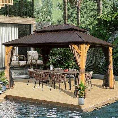 Domi 10x14FT Cedar Wood Gazebo, Solid Wood Hardtop Gazebo with Galvanized Steel Double Roof, Netting & Curtains, Outdoor Gazebo for Patio, Backyard, Deck, Lawns - WoodArtSupply