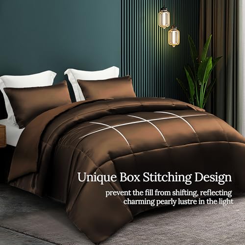 Whale Flotilla 3-Piece Reversible Silky Soft Queen Comforter Bedding Set, Luxurious Satin Comforters Full Size with 2 Satin Pillowcases, Lightweight Duvet for All Seasons, Brown Whale Flotilla