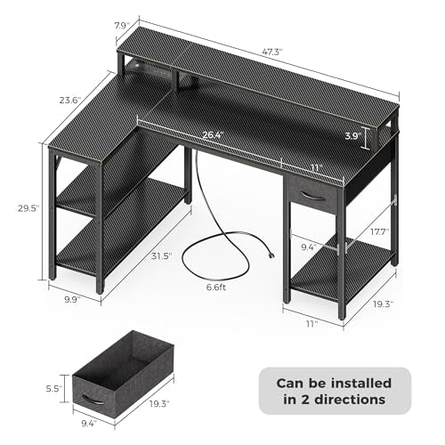 SUPERJARE 47 inch Reversible L Shaped Desk with LED Lights & Power Outlets, Computer Desk with Shelves & Monitor Stand, Gaming Desk with Drawer, Home Office Desk Corner Desk, Carbon Fiber Black SUPERJARE