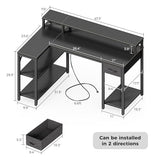 SUPERJARE 47 inch Reversible L Shaped Desk with LED Lights & Power Outlets, Computer Desk with Shelves & Monitor Stand, Gaming Desk with Drawer, Home Office Desk Corner Desk, Carbon Fiber Black SUPERJARE