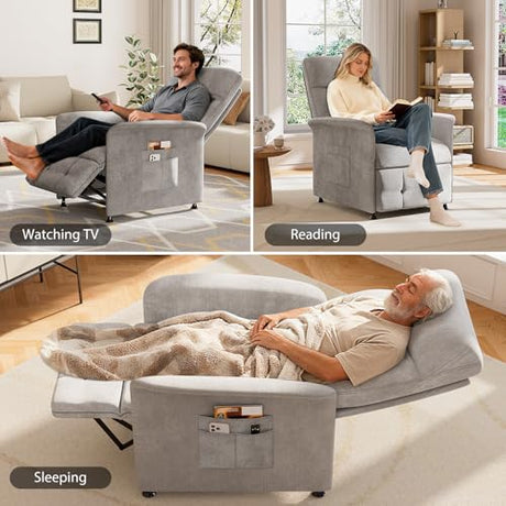 LegacyAmerhome Power Recliner Chair for Adults with Heat & Massage - Soft Fabric Electric Reclining Sofa with Remote Control, 3 Side Pockets, 180° Lay Sleeper for Living Room Home Theater, Light Grey LegacyAmerhome