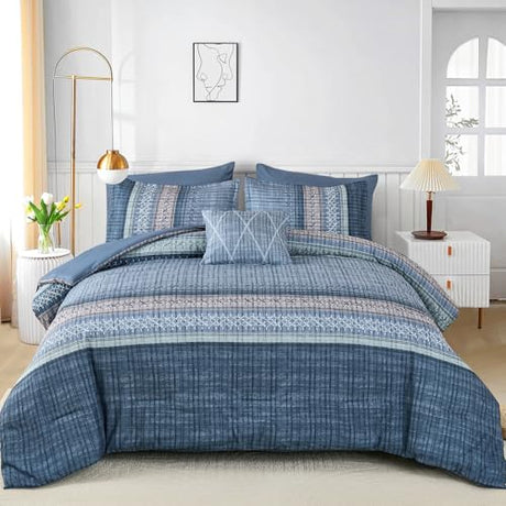 Dintszyayue Blue Comforter Set Queen Size, 8 Pieces Boho Striped Bed in a Bag Soft Microfiber Bedding Set for All Season Dintszyayue