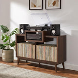 Crosley Furniture Nashville Mid Century Modern Console Record Player Stand, Stores Up to 220 Vinyl Records, Medium, Brown Crosley Furniture