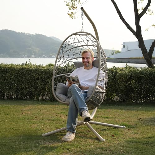 RoyalCraft Hanging Egg Chair Outdoor Swing Chair with Stand, Hammock Chair Indoor, Patio Boho Wicker Hanging Chair with Stand 350lbs Capacity for Garden, Balcony, Bedroom, Beige & Gray RoyalCraft