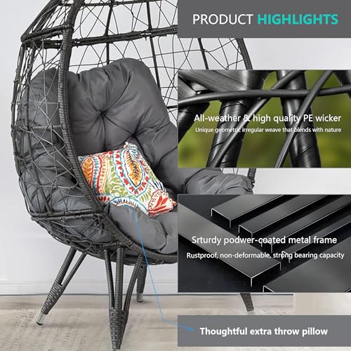 HLNPTN Patio Egg Chair Wicker Outdoor Egg Basket Chairs, Oversized Outdoor Furniture PE Rattan Patio Lounge Chair 440lb Capacity Sofa Seat with Stand & Gray Cushions for Indoor, Living Room,  - WoodArtSupply