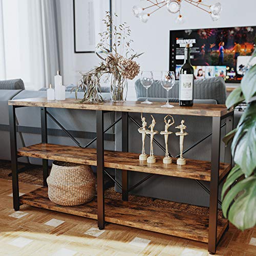 IRONCK Rustic Entryway Console Table, Long Hallway Table 55in 3-Tier, TV Stand Entertainment Center Media Stand for Living Room, Industrial Style, Vintage Brown - WoodArtSupply