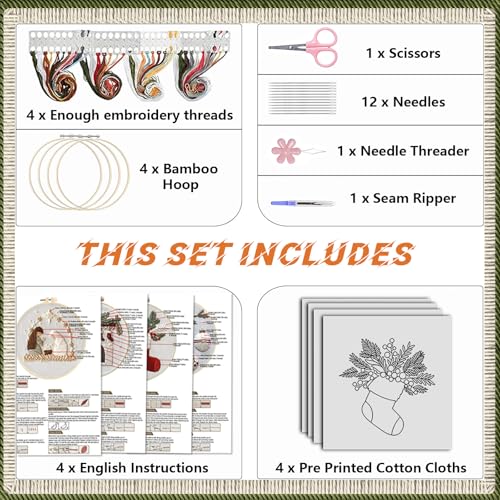 WKALXJ 4 Sets Embroidery Kits for Beginners Adults, Cross Stitch Kits, Needlepoint Kits with Instruction, Video, Needle Point Kits with Holly Fireplace Stocking Nativity Patterns (Christmas A)