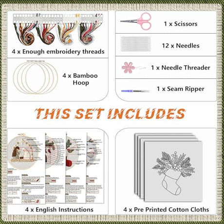 WKALXJ 4 Sets Embroidery Kits for Beginners Adults, Cross Stitch Kits, Needlepoint Kits with Instruction, Video, Needle Point Kits with Holly Fireplace Stocking Nativity Patterns (Christmas A) WKALXJ