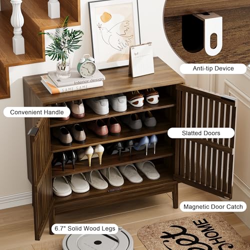 Morwdxef Shoe Cabinet with Slatted Doors, 4-Tier Freestanding Shoe Cabinet Storage for Entryway, Narrow Entryway Shoe Organizer Cabinets with Shelves (Walnut, 31.5" Wide) Morwdxef