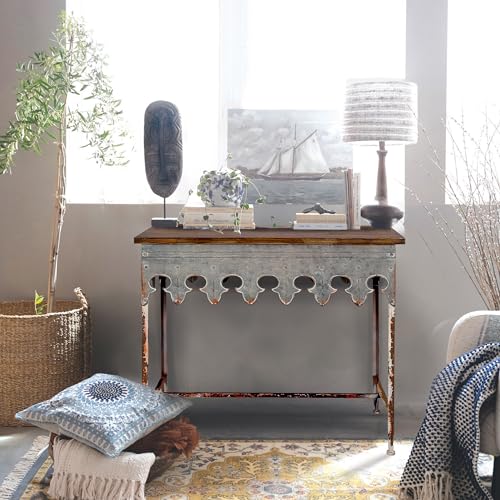 Creative Co-Op Metal Scalloped Edge Table with Zinc Finish and Wood Top