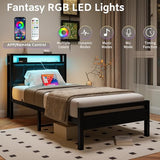 HOJINLINERO Twin Bed Frame with Charging Station & LED Lights,Storage Upholstered Headboard,Metal Bed Frame Twin Size Bed Frames No Box Spring Needed,Mattress Beds Base,Heavy Duty Steel Slats,Black HOJINLINERO