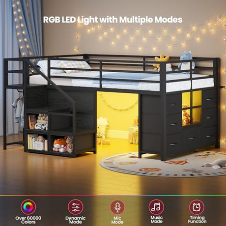 BTHFST Low Loft Bed Twin Size with Stairs & LED Lights, Kids Loft Bed with 7 Storage Drawers & 3 Open Cubbies & Handy Clothes Rail, Twin Loft Bed with Safety Guardrail, Under-Bed Play Area, Black BTHFST
